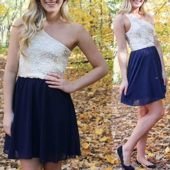 Naturally Spiritual Dresses & Skirts - One Shoulder Navy Cream sequin chiffon dress.